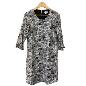 Garnet Hill Silk Shift Dress Bell 3/4 Sleeve Black & White Print Women's Size 2